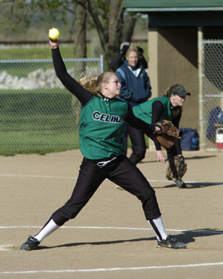 Celina sophomore pitcher Melanie Heyne fires a pitch to the plate during Tuesday's Western Buckeye League matchup against Bath. Heyne was strong on the hill leading the Bulldogs to a 7-2 victory.<br>dailystandard.com
