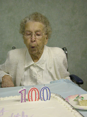 Marcella Short of Coldwater, who turns 100 today, blows out her birthday candles at an open house Sunday.<br>dailystandard.com