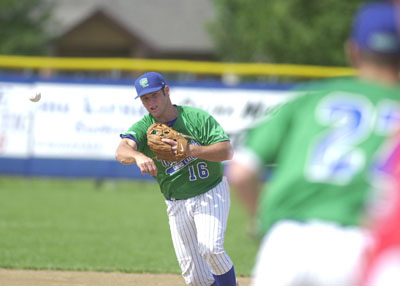 Grand Lake's Michael Bertram fires to first base during action from the first game of Saturday's doubleheader with Youngstown at Jim Hoess Field.<br>dailystandard.com