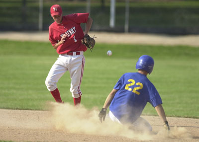 Marion Local's Chris Wenning, 22, steals second base as St. Henry's Andrew Huelsman, left, can't handle the throw during their Mercer County ACME tournament contest on Friday night at Veterans Field in Coldwater. <br>dailystandard.com