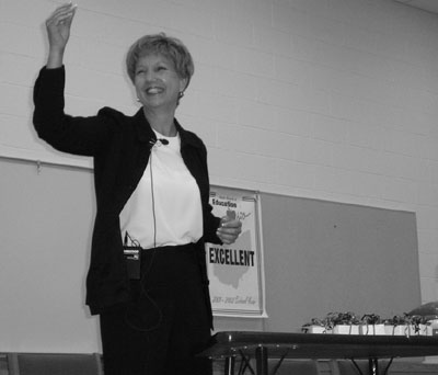 Kathy S. Rank, Ohio Teacher of the Year and teacher in the Piqua schools, was guest speaker at the Celina Education Association meeting Monday morning. She highlighted her own 10 top reasons for being a teacher by tossing 10 frisbees into the audience of a couple hundred Celina teachers.<br>dailystandard.com