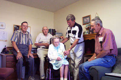 Alma Stephenson Now is surrounded by four of her six children, Dick, left, Marlin, Larry and Charles Stephenson. There will be a celebration today at Maplewood of Shane's Village, Rockford, in honor of her 105th birthday.<br>dailystandard.com