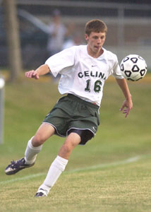 Celina's Max Overman watches the ball closely as he prepares to trap it to maintain possession during their Thursday match against Bath. Overman had three assists in the 9-0 victory.<br>dailystandard.com