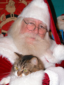 Norm Hamlin of Celina, one of Santa's helpers, cuddles with his cat, Whiskers. The real Santa, of course, lives during the off-season on Ear Mountain in the town of Savukoski in Lapland, Finland, with his favorite cat, Whiskers. Recent reports say he is resting up for his big sleigh ride Christmas Eve.<br>dailystandard.com