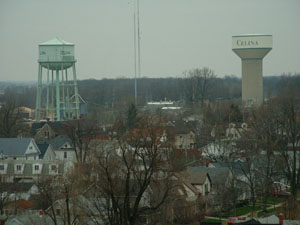 Celina's newest water tower, right, is only one-third full today because city officials are leery the increased pressure from a full tower could cause main breaks under city streets. The Summit Street tower was built to replace the Touvelle Street tower, at left, which is already empty and will be torn down next month.<br>dailystandard.com