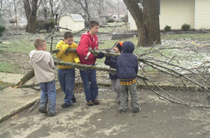 Cody Stephens, Damon Hinkston, Nick Meeker, Cole Stephens and Dalton Adams clean up fallen branches on Maple street in Celina on Friday afternoon. Residents throughout the area have begun piling up tree limbs downed by Wednesday's ice storm.<br>dailystandard.com