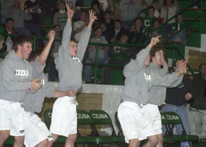 Celina wrestliers celebrate after Tylor Thees won his bout in overtime. Celina completed the regular dual match season 9-0 in the WBL with a win over Defiance on Thursday at the Fieldhouse.<br>dailystandard.com