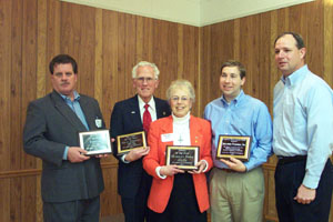 Honored at Wednesday evening's Coldwater Chamber of Commerce awards banquet were Barry Paynter, left, manager of Relizon, recipient of the Business of the Year award; Gene Eckstein, Volunteer of the Year award; Marilyn Darr, Citizen of the Year award; and Brad Meyer and Paul Niekamp, accepting the Community Improvement award on behalf of Signature Partners/49 Degrees.<br>dailystandard.com