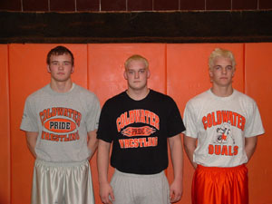 Coldwater wrestlers, from left, Brian Uhlenhake, Kyle Oswalt and Kyle Uhlenhake, made history this season as the Cavalier program sent its first mutliple representatives to the state wrestling tournament. The trio all look to give Coldwater its first-ever bout win in the state tournament.<br>dailystandard.com