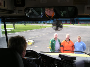 Five Celina school bus drivers will compete in the regional Road-E-O in Bellefontaine on Saturday. The annual event puts area drivers through various driving situations as well as written tests. Above, Vickie Rhodes tests her stopping skills as drivers Wayne Fisher, Carol Henderson and Jan Tincher really hope she's got it right. The fifth team member, Garnet Babb, was not available for the photo and is thought to have been practicing somewhere in secrecy.<br>dailystandard.com