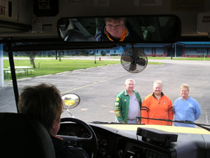 Five Celina school bus drivers will compete in the regional Road-E-O in Bellefontaine on Saturday. The annual event puts area drivers through various driving situations as well as written tests. Above, Vickie Rhodes tests her stopping skills as drivers Wayne Fisher, Carol Henderson and Jan Tincher really hope she's got it right. The fifth team member, Garnet Babb, was not available for the photo and is thought to have been practicing somewhere in secrecy.<br>dailystandard.com