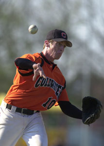 Coldwater's Matt Howell, shown here throwing to first base for an out, improved to 5-0 on the mound this season after helping the Cavaliers to a 14-1 five-inning contest against Minster on Wednesday in Midwest Athletic Conference action.<br>dailystandard.com