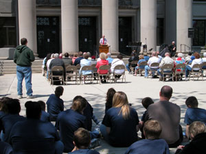 A large crowd of spectators gather in the front of the Mercer County Courthouse at noon Thursday for the annual observation of National Day of Prayer. The event was sponsored by the Celina Ministerial Association.<br>dailystandard.com