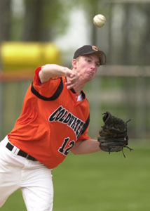Coldwater pitcher Steve Borger throws to first base during the Cavaliers' Division III sectional final contest on Saturday at Veterans Field. Borger threw a three-hit shutout as the Cavaliers defeated Spencerville, 10-0 in a five-inning contest.<br>dailystandard.com