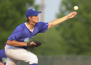 Grand Lake pitcher Cory Luebke delivers a pitch to the plate during the Mariners' game against Indianapolis on Friday night. Luebke, a Marion Local graduate, pitched six innings to help  Grand Lake past Indianapolis, 4-2.<br>dailystandard.com