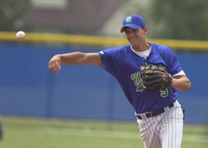 Grand Lake second baseman Scott Boley throws the ball to first base for an out during the Mariners' game against Stark County on Saturday. It was a scheduled doubleheader but weather cancelled the doubleheader on Saturday leading to a Sunday doubleheader where the Mariners split two games with the Terriers.<br>dailystandard.com