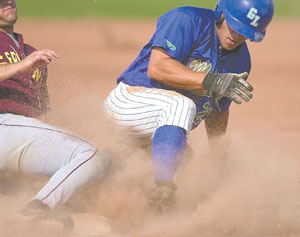 Grand Lake's Scott Billak, right, steals second base during the Mariners' game against Indianapolis on Friday at Westview Park in the first game of a doubleheader. The Mariners swept two from Indianapolis, 2-1 and 3-2.<br>dailystandard.com