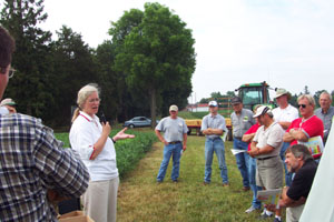 Anne Dorrance, an expert on Asian soybean rust, speaks to a crowd during Tuesday's Farm Focus event in Van Wert. Dorrance said soybean rust, a potentially devastating fungal disease, may miss Ohio this year, but soybean aphids, insects that sucks the juices from soybean plants, could be a problem.<br>dailystandard.com