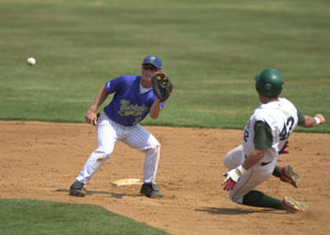 Grand Lake second baseman Dusty Hammond, left, awaits a throw from catcher Josh Hula, not pictured, as the Mariners try to stop Ronnie Bourquin, right, from stealing during Thursday's Game One.<br>dailystandard.com