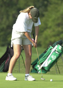 Lauren Fuelling putts from the first green during Monday's match with Bellefontaine. Fuelling shot a 51.<br>dailystandard.com