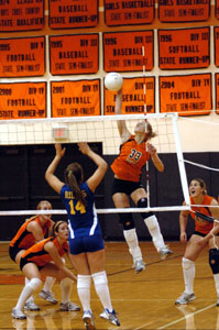Coldwater's Karla Niekamp, 33, spikes the ball over St. Marys' Jill Anderson, 14, during the regular-season finale for both teams on Thursday at The Palace. Coldwater won in three games.<br></br>dailystandard.com