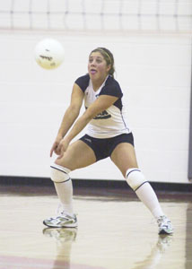 Celina's Amy Harner focuses as she gets ready to dig the ball during Saturday's Division II sectional semifinal at Lima Senior High School. Celina cruised in its postseason opener against Kenton with a 25-9, 25-9 and 25-11 victory.<br></br>dailystandard.com