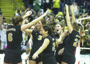 Parkway players celebrate on the floor after winning their Division III state semifinal match over Williamsport Westfall, 25-16, 25-13, 23-25 and 25-16. Parkway plays Cleveland Villa Angela-St. Joseph today for the Division III state title.<br></br>dailystandard.com