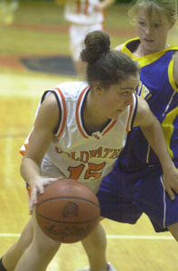 Coldwater's Tasha Stucke, 15, dribbles by St. Marys' Toya Anderson. Stucke had 12 points.<br></br>dailystandard.com