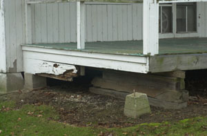 The dining hall at the Mercer County 4-H campground needs $75,000 or more in improvements and renovations, including extensive roof and foundation work. County maintenance crews plan to begin tackling smaller repair jobs, like this hole in a porch floor, as county commissioners and 4-H officials decide how to handle long-term improvements at the campground.<br></br>dailystandard.com