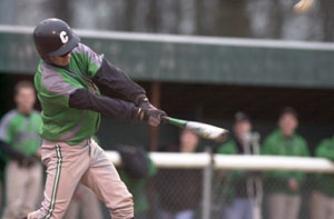 Celina's Dustin Woods reaches for a pitch and lofts it in the air during Monday's game against Fort Recovery at Eastview Park. Celina defeated Fort Recovery, 9-0.<br></br>dailystandard.com