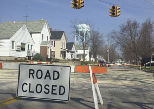 The corner of West High and North Front streets is barricaded for the street work already begun in St. Marys.<br></br>dailystandard.com