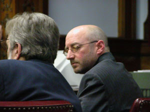 Carey Hamrick, a 42-year-old Willshire farmer and factory worker, glances toward his attorney, William Kluge, at a sentencing hearing in Van Wert County on Wednesday. Hamrick, who caused a double-fatality traffic accident 16 months ago, was sentenced to three years in prison.<br></br>dailystandard.com