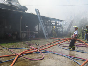 Firefighters brave heat and humidity as they battle a barn fire Wednesday afternoon at the Osgood-area home of John Seger, 14854 Mendenhall Road. Twelve fire departments from Darke, Mercer, Shelby and Auglaize counties responded to the scene. See related photo on back page.<br></br>dailystandard.com