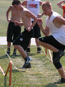 Coldwater High School football players work up a sweat as they run through practice drills this week to prepare for the upcoming season.<br></br>dailystandard.com