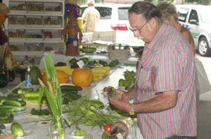 Judge Terry Hipsley of Van Wert checks out vegetable oddities entered in the 
