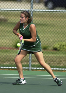 Celina's Kendra Menchhofer returns a shot against St. Marys' Lauren Miller during their Western Buckeye League matchup on Thursday. Menchhofer defeated Miller, 6-3 and 6-0 to help the Bulldogs to a 4-1 win over St. Marys.<br></br>dailystandard.com