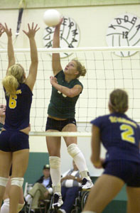 Celina's Liz Homan, 13, hits the ball over a Whitmer defender during their match at the Mercer Health Volleyball Invitational on Saturday at the Intermediate School. Celina finished second in the tourney, losing to fellow Mercer County power Marion Local in the championship match, 25-19 and 25-15.<br></br>dailystandard.com