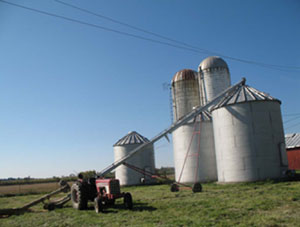 A grain auger stands next to grain bins at the Versailles-area  farm, where brothers Craig and Douglas Meier died Saturday when the equipment they were moving came into contact with overhead power lines.<br></br>dailystandard.com