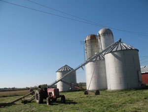 A grain auger stands next to grain bins at the Versailles-area farm, where brothers Craig and Douglas Meier died Saturday when the equipment they were moving came into contact with overhead power lines.<br></br>dailystandard.com