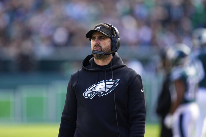 Philadelphia Eagles head coach Nick Sirianni watches from the sideline in the first half of an NFL football game against the New Orleans Saints in Philadelphia, Sunday, Jan. 1, 2023. (AP Photo/Matt Slocum)