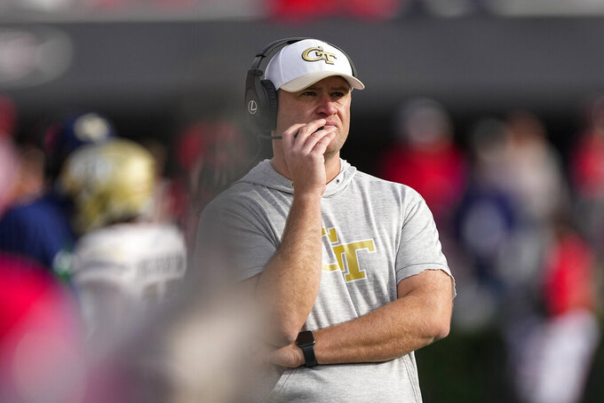 Georgia Tech interim head coach Brent Key looks on from the sideline during the second half of an NCAA college football game against Georgia, Saturday, Nov. 26, 2022 in Athens, Ga. (AP Photo/John Bazemore)