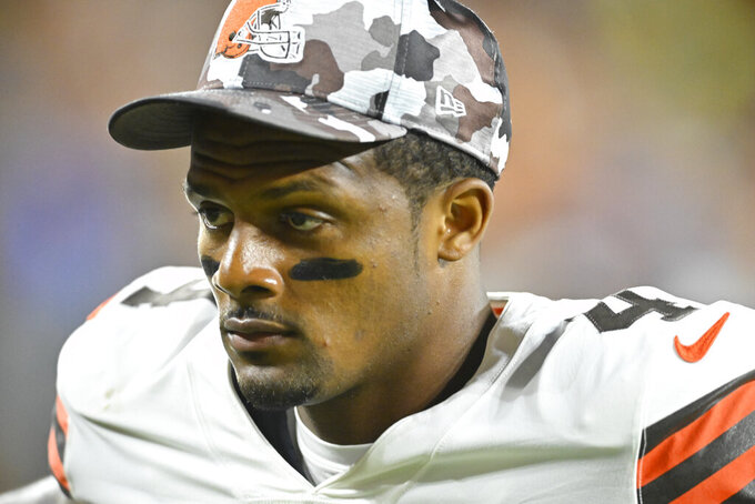 FILE - Cleveland Browns quarterback Deshaun Watson leaves the field at the end of the first half against the Chicago Bears in an NFL preseason football game, Aug. 27, 2022, in Cleveland. An attorney for the women who settled their lawsuits against Deshaun Watson says most of his clients have no interest in his return to Houston on Sunday. But Tony Buzbee, their attorney, says about 10 of the women who accused Watson of sexual harassment and assault during massages planned to attend Sunday’s game at Houston’s NRG Stadium when the Browns take on the Texans and watch him play in his return from an 11-game suspension. (AP Photo/David Richard, File)