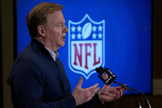 NFL Commissioner Roger Goodell speaks during a media availability at the NFL football meetings, Tuesday, March 28, 2023, in Phoenix. (AP Photo/Matt York)