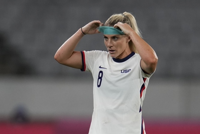 FILE - United States' Julie Ertz reacts after losing to Sweden at the 2020 Summer Olympics, Wednesday, July 21, 2021, in Tokyo. Ertz was named to the U.S. national team roster for a pair of upcoming matches against Ireland next after taking time off for the birth of her son. Ertz was among 26 players named to the roster, announced by coach Vlatko Andonovski on Tuesday, March 28, 2023. (AP Photo/Ricardo Mazalan, File)