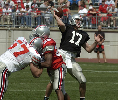 Ohio State quarterback Todd Boeckman, 17, attempts a pass during the Buckeyes' annual Scarlet and Gray intrasquad scrimmage on Saturday at Ohio Stadium. Boeckman figures to enter the season as the third-string quarterback for the Buckeyes.<br>dailystandard.com