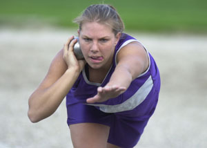 Fort Recovery's Holly Stein won both the shot put, as shown in the picture, along with the discus during Tuesday's Mercer County Meet at Coldwater.<br></br>dailystandard.com
