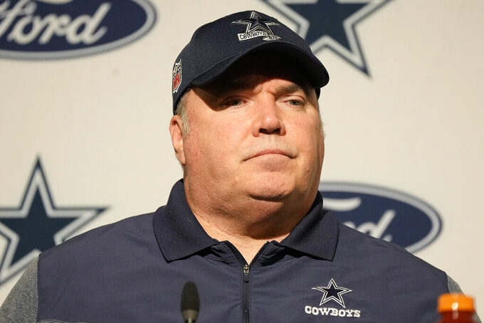 Dallas Cowboys head coach Mike McCarthy speaks at a news conference after an NFL divisional round playoff football game against the San Francisco 49ers in Santa Clara, Calif., Sunday, Jan. 22, 2023. (AP Photo/Tony Avelar)