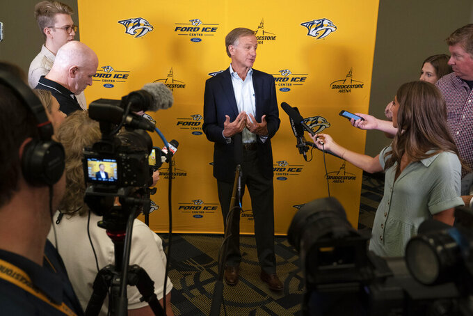 Former Tennessee Gov. Bill Haslam discusses his plans to purchase a majority stake of the Nashville Predators NHL hockey club during a press conference at Bridgestone Arena Thursday, June 23, 2022, in Nashville, Tenn. (George Walker IV/The Tennessean via AP)