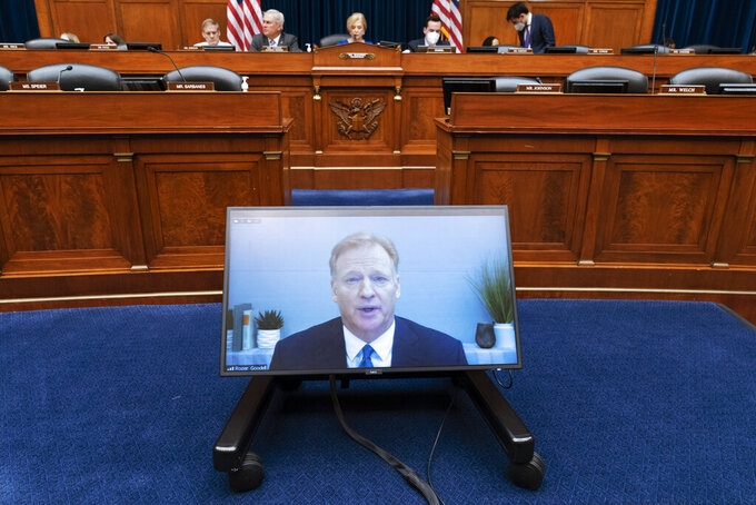 NFL Commissioner Roger Goodell testifies virtually, Wednesday, June 22, 2022, during a Hous​e Oversight Committee hearing on the Washington Commanders' workplace conduct, on Capitol Hill in Washington. Team owner Dan Snyder did not attend the hearing. (AP Photo/Jacquelyn Martin)