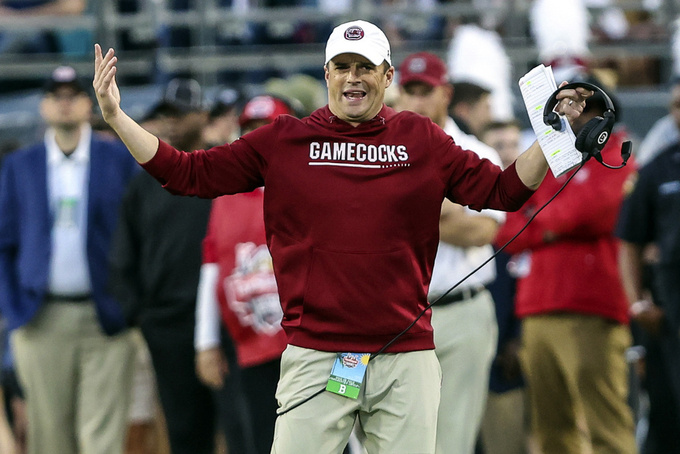 FILE - South Carolina head coach Shane Beamer reacts to a call during the second quarter of the Gator Bowl NCAA college football game against Notre Dame on Friday, Dec. 30, 2022, in Jacksonville, Fla. Beamer lost some key contributors from the Gamecocks' eight-win team to the transfer portal this offseason. (AP Photo/Gary McCullough, File)